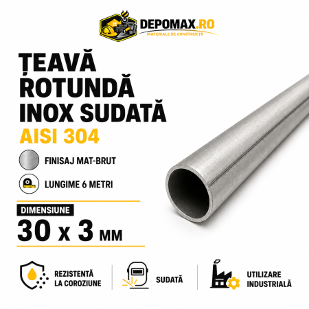 Teava rotunda inox sudata AISI 304, 30 x 3 mm, 6 metri